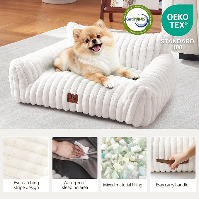 Warmrest Cat Couch for Pets, Cute Small Dog Couch Bed with Cozy Soft Faux Rabbit Fur for Small Dogs, Fuzzy Dog Couch for Indoor Cats, Supportive Pet Sofa with Removable Washable Cover, Cream, 30"
