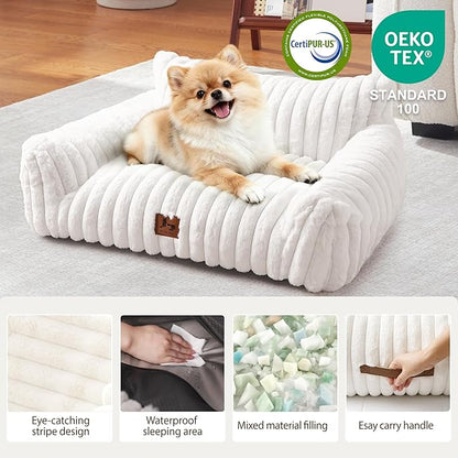 Warmrest Cat Couch for Pets, Cute Small Dog Couch Bed with Cozy Soft Faux Rabbit Fur for Small Dogs, Fuzzy Dog Couch for Indoor Cats, Supportive Pet Sofa with Removable Washable Cover, Cream, 30"