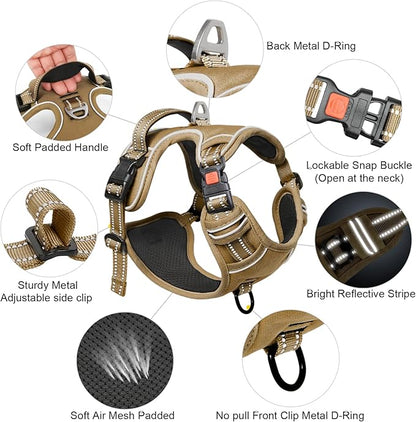 Timos Dog Harness Large Sized, No Pull Pet Harness with Neck Lockable Snap,No Choke Front Clip Dog Reflective Vest,Adjustable Metal Rings 3 Buckles,Easy Control Handle for Large Dogs Khaki XL