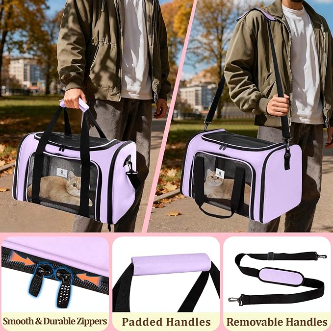 DSDCDJ Cat Carrier Dog Carrier - Soft-Sided Cat Carrier with Plush Pad & Cooling Mat, Easy-Load 4-Side Zipper & 3-Side Mesh Ventilation, Pet Carrier Airline Approved for Cats/Dogs Up to 20 lbs, Purple