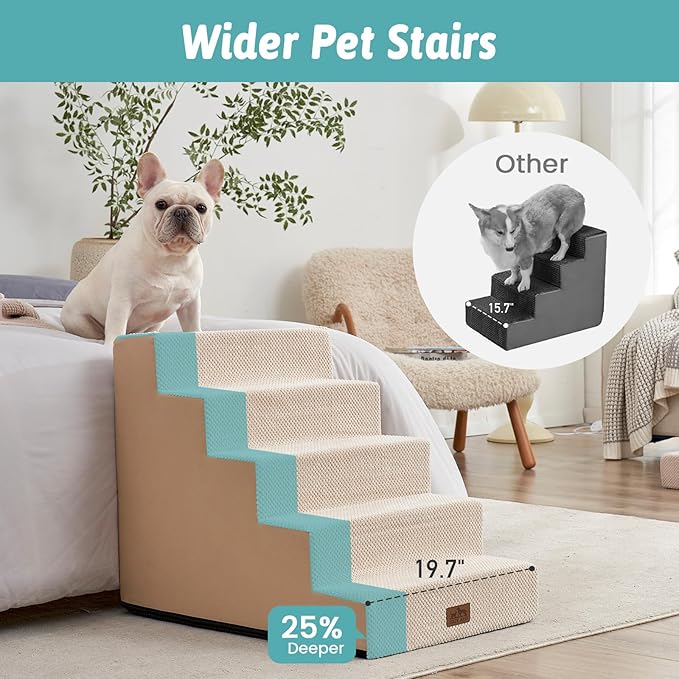 COZY KISS Dog Stairs for Small Dogs, 5 Tier Wider Pet Stairs for High Beds, 23.6" H Non-Slip Dog Steps for Old Cats, Puppies, Small Medium Dogs, 19.7x29.5x23.6 inch, Beige