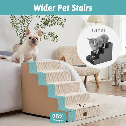 COZY KISS Dog Stairs for Small Dogs, 5 Tier Wider Pet Stairs for High Beds, 23.6" H Non-Slip Dog Steps for Old Cats, Puppies, Small Medium Dogs, 19.7x29.5x23.6 inch, Beige