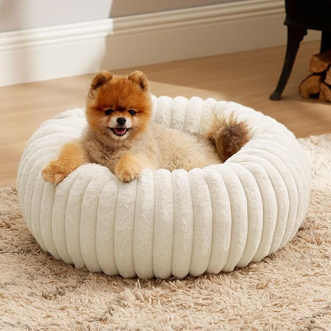 Bedsure ComfyFleece Donut Small Dog Bed - Dog Beds for Small Dogs with Corduroy Fleece & Anti Slip Bottom, Round Faux Fur Pet Beds with Washable Removable Cover, Cream, 23x23x7 inches