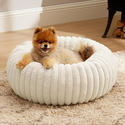 Bedsure ComfyFleece Donut Small Dog Bed - Dog Beds for Small Dogs with Corduroy Fleece & Anti Slip Bottom, Round Faux Fur Pet Beds with Washable Removable Cover, Cream, 23x23x7 inches