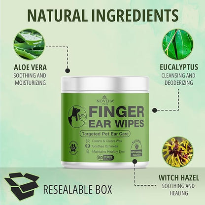 NOVEHA 50PCs Dog Ear Wipes Finger Glove Fit | Easy Ear Cleaning for Dogs & Puppies, Cats & Kittens | Gentle Pet Ear Cleaner Finger Wipes for Puppy, Kitten & More | Cat & Dog Ear Wash | Pet Supplies
