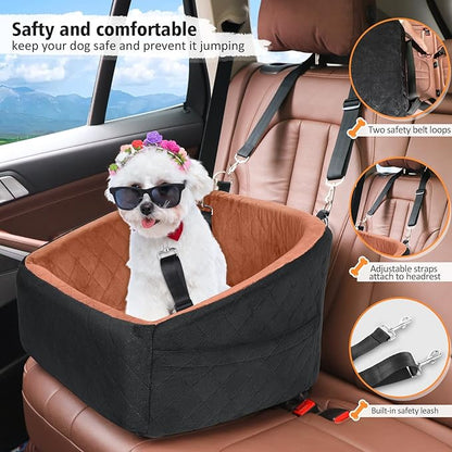 NEEZUKAR Dog Car Seat for Small Medium Dogs,Detachable Washable Dog Booster Seat Under 30lbs, Pet Car Seats Travel Bed with Storage Pockets and Safety Belt(Black/Z)