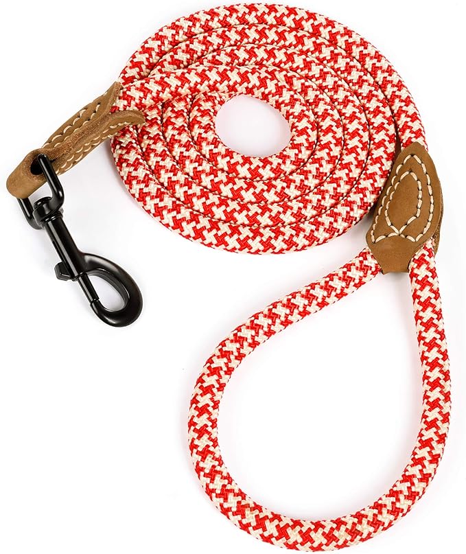 Mile High Life | Mountain Climbing Dog Rope Leash with Heavy Duty Metal Sturdy Clasp | Genuine Leather Tailored Connection with Strong Stitches (Red Khaki1, 72 Inch (Pack of 1))