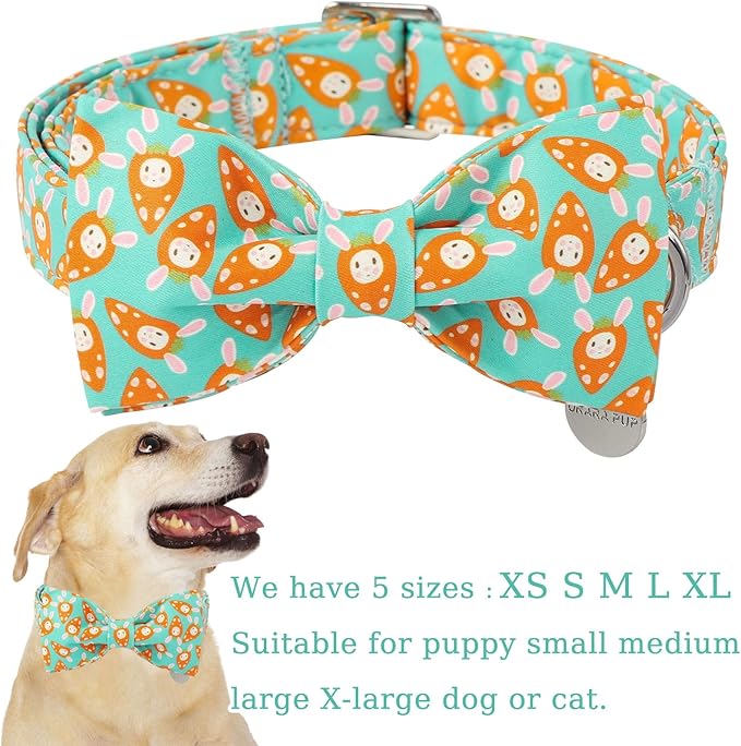 Easter Dog Collar with Bow Tie, Lovely Cotton Easter Carrot Adjustable Bowtie Collar for Girl Boy Dog, Adorable Carrots Puppy Collars with Metal Buckle,L, Neck 16-24in