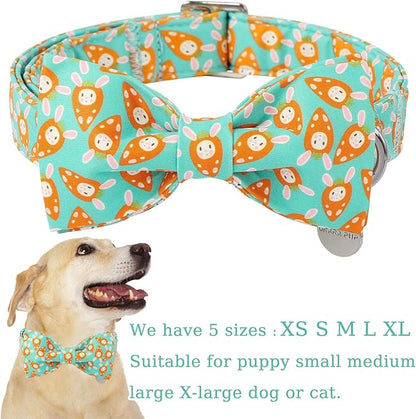 Easter Dog Collar with Bow Tie, Lovely Cotton Easter Carrot Adjustable Bowtie Collar for Girl Boy Dog, Adorable Carrots Puppy Collars with Metal Buckle,L, Neck 16-24in