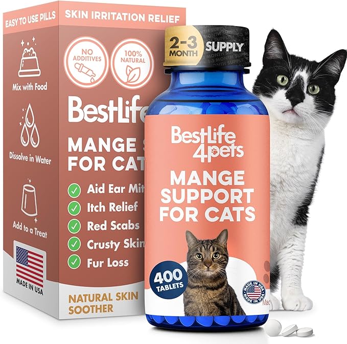 Mange Support for Cats, Natural Cat Itchy Skin, Paws and Ears Relief - Soothes Welts, Scabs, Red and Flaky Skin Reducing Excessive Grooming and Patchy Fur for a Healthy Coat (400 Tiny Tasteless Pills)