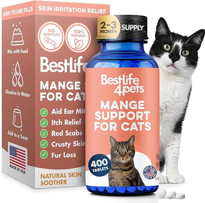 Mange Support for Cats, Natural Cat Itchy Skin, Paws and Ears Relief - Soothes Welts, Scabs, Red and Flaky Skin Reducing Excessive Grooming and Patchy Fur for a Healthy Coat (400 Tiny Tasteless Pills)