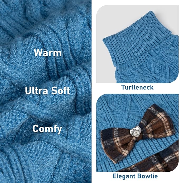 KYEESE Dog Sweater Thick Dog Sweaters for Small Dogs Male Comfy Dogs Clothes with Bowtie Warm Pullover Pet Coats Soft Turtleneck Cat Sweaters Stretchy Knitwear Pet Sweater Dress, Blue, Small