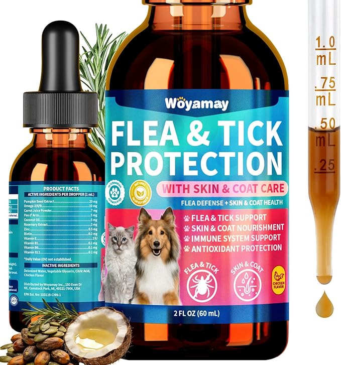 Woyamay Flea Defense + Skin & Coat Support, Natural Flea and Tick Prevention for Dogs & Cats, Dog & Cat Flea Treatment with Pumpkin Seed & Omega-3/6/9, Flea Drops for All Breeds & Ages, Chicken Flavor