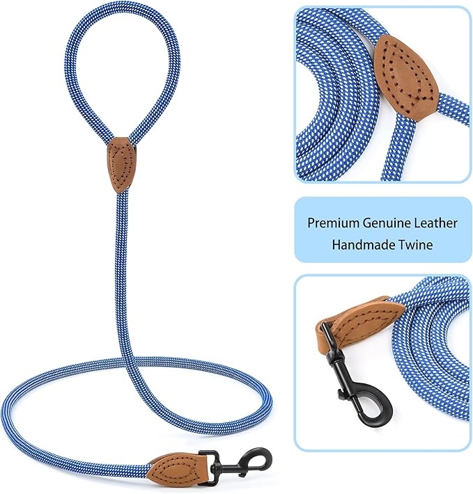 Mile High Life Rope Leash with Genuine Leather Connection, 6 FT/5 FT/4 FT, Heavy Duty Leash for Medium & Large Dogs (Blue White, 60 Inch)