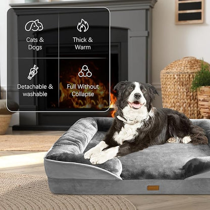Spotted Play Orthopedic Dog Bed with Sides - Dog Sofa Beds for Large Dogs, Supportive Foam Pet Couch Bed with Washable Removable Cover, Waterproof Lining and Non-Slip Bottom, Grey - L-Plus
