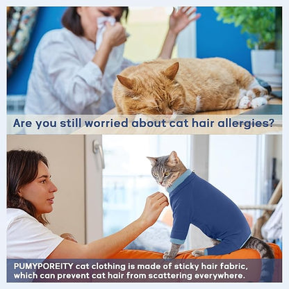 PUMYPOREITY Cat Hair Sticky Sweater, Recovery Suit - Breathable & Lightweight for Post-Surgery Protection, Cat Onsie Prevents Licking Wounds, Blue, XL
