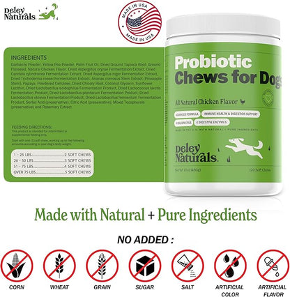Deley Naturals Dog Probiotic Chews - Dogs Probiotic for Digestive Health with 4 Billion CFUs & Digestive Enzymes - Anti Diarrhea for Dogs - Dog Gut Health Probiotics for Allergies - Made in The USA
