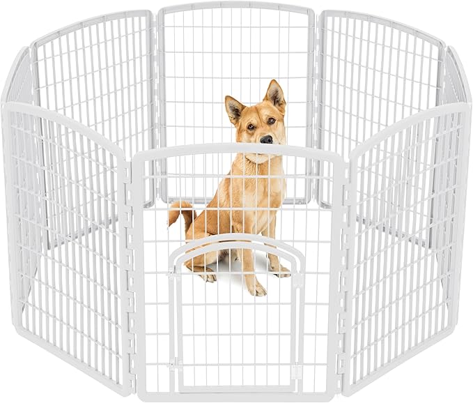 IRIS USA 34" Exercise 8-Panel Pet Playpen with Door, Dog Playpen, Puppy Playpen, Small Medium Large Dogs, Keep Pets Secure, Easy Assemble, Rust-Free, Heavy-Duty Molded Plastic, Customizable, White