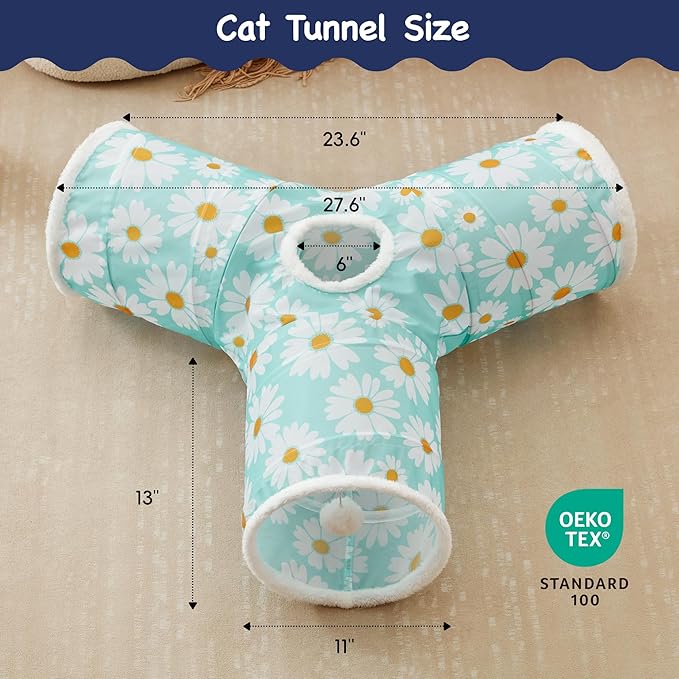 Tempcore Pet Cat Tunnel Tube Cat Toys 3 Way Collapsible, Cat Tunnels for Indoor Cats，Kitty Tunnel Bored Pet Toys Peek Hole Toy Ball, Puppy, Kitty, Kitten, Rabbit Daisy Blue Printed