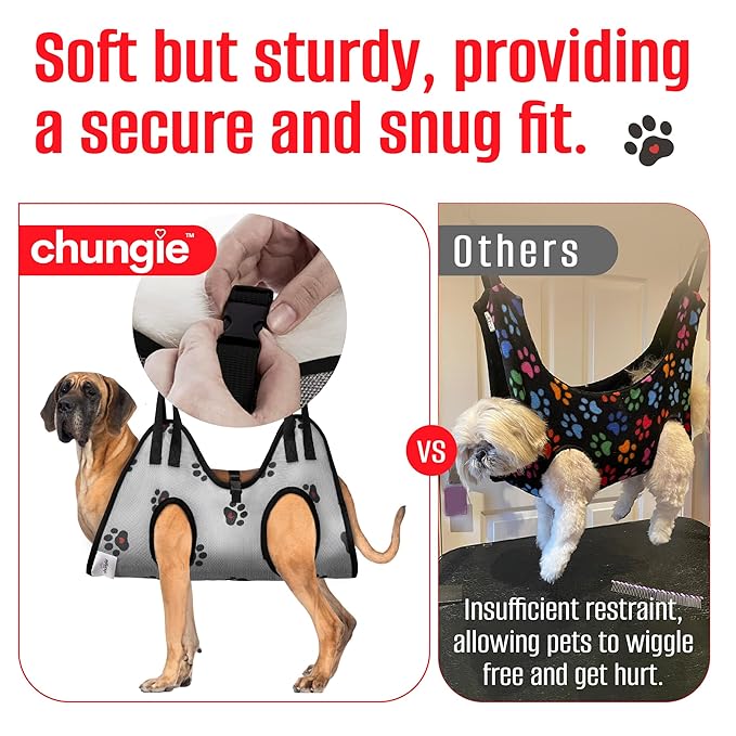 Dog Grooming Hammock for Dogs–Pet Restraint for Nail Trimming with Pet Nail Clipper–Dog Sling for Grooming, Pet Hammock for Nail Cutting & Grooming Harness (Legs Spacing: 16.14-27.14”/Max W:120lb)