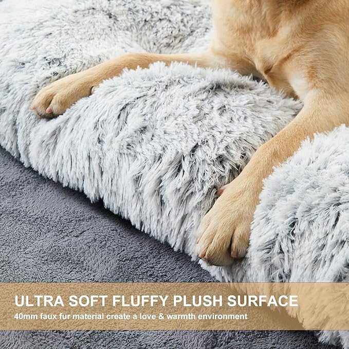 BFPETHOME Dog Bed for Large Dogs, Plush Kennel Pad for Sleeping &Ease Anxiety, Washable Mats with Anti-Slip Bottom - 53 x 36 inch, Grey