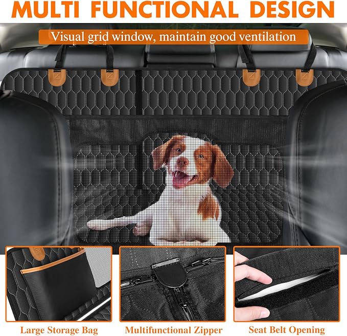 NECKORY Dog Back Seat Cover, Waterproof Scratch Proof Nonslip Dog Hammock for Car, Car Seat Cover for Back Seat with Sanitary Pad Mesh & Pocket for Cars SUVs and Trucks - S, Black/Orange