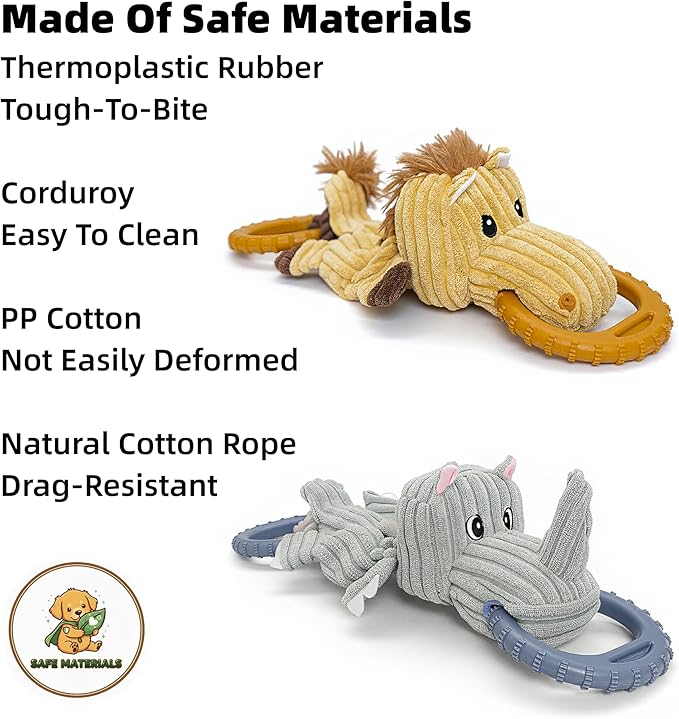 Corduroy Dog Chew Toy with Squeaker and Interactive Rubber Ring for Small Medium Large Breeds - Ideal for Tug of War and Fetch Play (Medium, Pony)