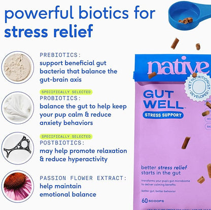 Native Pet GutWell Stress Support - Dog Anxiety Relief & Calming Treats - Tasty Food Topper for Dog Stress and Anxiety Relief - Support Gut-Brain Axis with Triple-biotic Blend & Magnesium - 60 Scoops