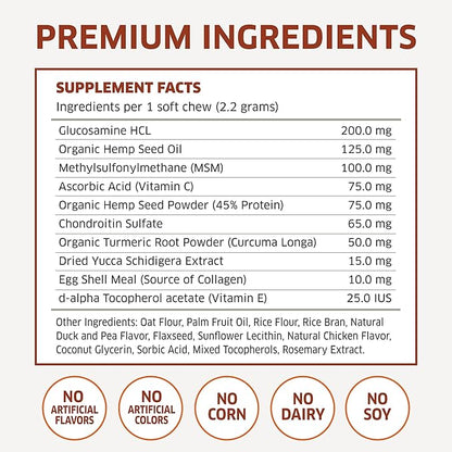 Hemp Hip and Joint Supplement for Dogs - Glucosamine for Dogs - Glucosamine Chondroitin for Dogs with MSM, Hemp, Turmeric & Omega 3 - Pain Relief - 120 ct Soft Chews - Made in The USA