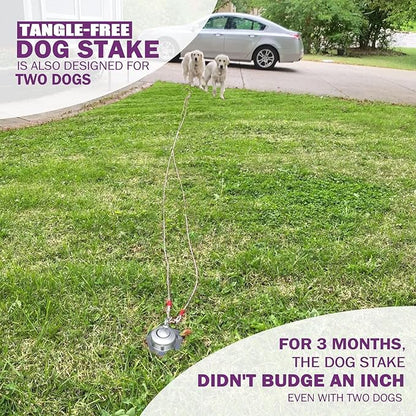 360° Swivel Dog Tie Out Cable and Stake - Upgrad Stainless Steel Dog Stake Dog Anchor for Small to Large Dogs - No Tangle Reflective Run Cable for Yard (Silver 10 ft Cable)