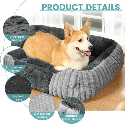 Dog Beds for Small Dogs 28x20 Inch, Comfort-Sided Orthopedic Dog Bed Couch with Breathable Shredded Memory Foam, Faux Rabbit Fur Pet Bed, Non-Detachable, Non-Slip, Machine Washable