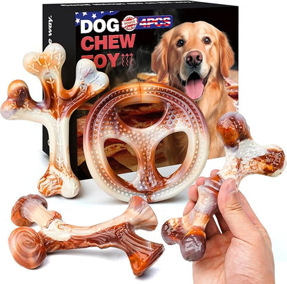 4 Pack Dog Chew Toys for Aggressive Chewers - Tough Indestructible Dog Toys with Bacon Flavor- Durable Nylon Bones Toy for Small Medium Large Breed - Puppy Gifts