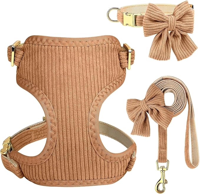 Didog Cute Small Dog Harness Collar and Leash Set with Bowtie, Breathable Soft Mesh Padded Puppy Harness, Dog Harness for Small Dogs Daily Walks Parties, Holiday Gatherings & Gifts, Brown, M