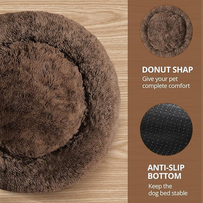 JOLLYVOGUE Calming Dog Bed for Small Dogs - 23 inches Donut Washable Small Dog Bed for Kittens & Puppies, Anti-Slip Round Fluffy Plush Faux Fur Cat Beds (Fits up to 25 lbs Pets, Coffee)