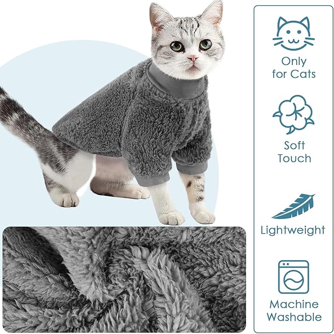 SUNFURA Sphynx Cat Sweater, Hairless Cats Turtleneck Pullover Kitten Sweaters for Cats Only, Warm and Soft Cat Pajamas Shirt with Sleeves Pet Winter Clothes Fleece Jumpsuit for Puppy, Grey S