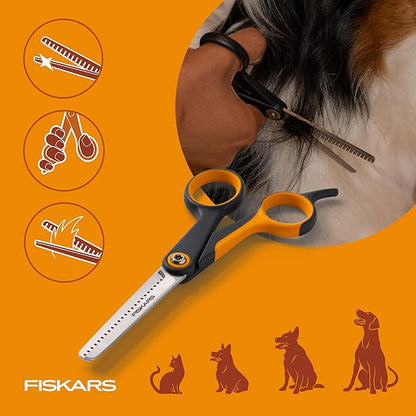 Fiskars Pet, Dog and Cat Grooming Scissors, Serrated Teeth for Thinning & SoftGrip Handle, Cat and Dog Supplies, Orange/Black, Blending Scissors