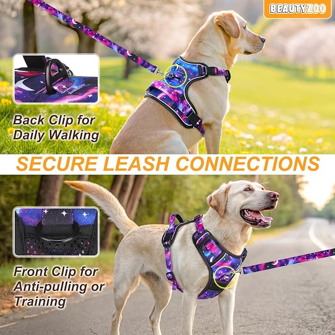 BEAUTYZOO No Pull Dog Harness and Leash Set for Large Dogs, Adjustable Dog Vest Harnesses with 2 Metal Leash Clips, Reflective Oxford No Choke Escape Proof Step in Pet Vest with Handle, Purple L