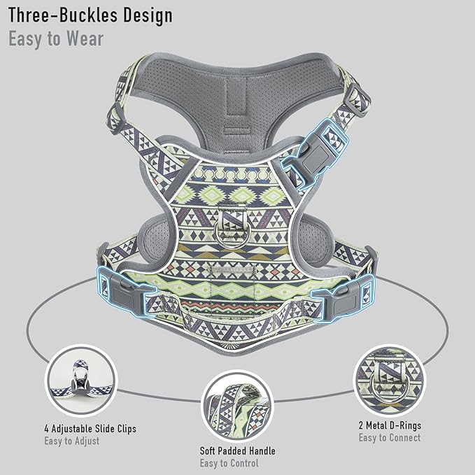 Small Dog No Pull Dog Harness, Pet Harness with ID Card Reflective Strip Soft Padded Handle, Adjustable Vest Harness for Walking Hiking Training, Geometric Pattern, Beagle, Gray Ethnic, S