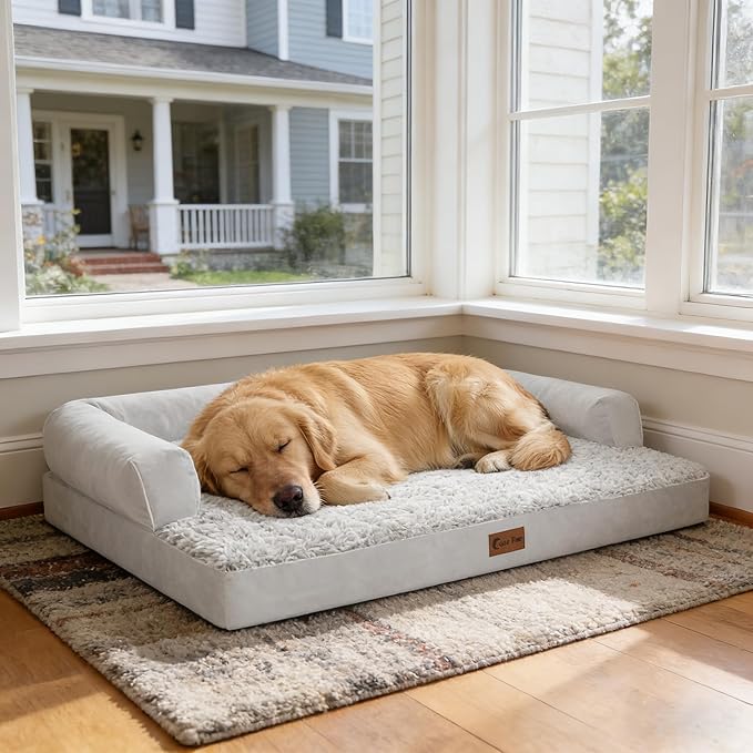 Casa Paw Orthopedic Dog Beds for Large Sized Dogs, Waterproof Egg Crate Foam Medium Dog Couch Beds for Crate 35x22Inch, Washable Pet Beds with Removable Cover and Nonskid Bottom, Grey White