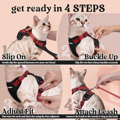 rabbitgoo Cat Harness and Leash for Walking, Escape Proof Soft Adjustable Vest Harnesses for Cats, Easy Control Breathable Reflective Strips Jacket, Black & Red, M