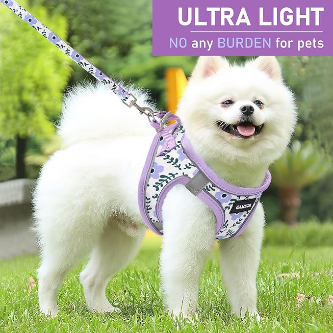 GAMUDA Small Dog Harness Collar and Leash Set, Step in No Chock No Pull Soft Mesh Adjustable Dog Vest Harnesses Plaid Reflective for Dogs Puppy Cats Kitten Rabbit (Purple Flower, L)