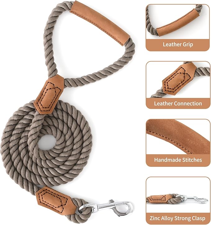 Mile High Life Dog Leash, Braided Cotton Rope Leashes with Leather Handle - Heavy Duty Metal Clasp, 5FT, 1/2" Thick - Wedding, Walking & Training Leash for Small Medium Large Dogs (Camel)