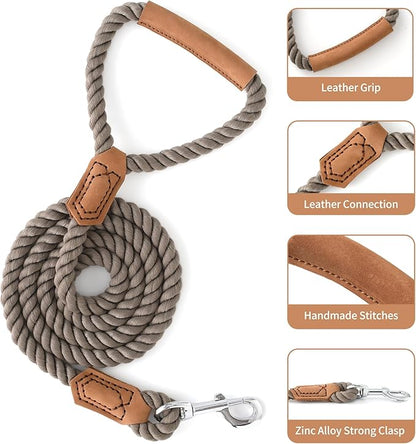 Mile High Life Dog Leash, Braided Cotton Rope Leashes with Leather Handle - Heavy Duty Metal Clasp, 4FT, 1/2" Thick - Wedding, Walking & Training Leash for Small Medium Large Dogs (Camel)