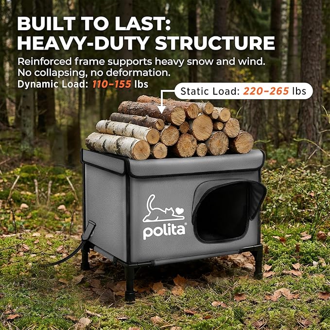 Polita Indestructible Heated Cat House for Outdoor Cats in Winter, Extremely Insulated & 100% Weatherproof, Elevated Feral Cat Shelter with Waterproof Eaves & Safe Escape Door for Stray & Barn Cats