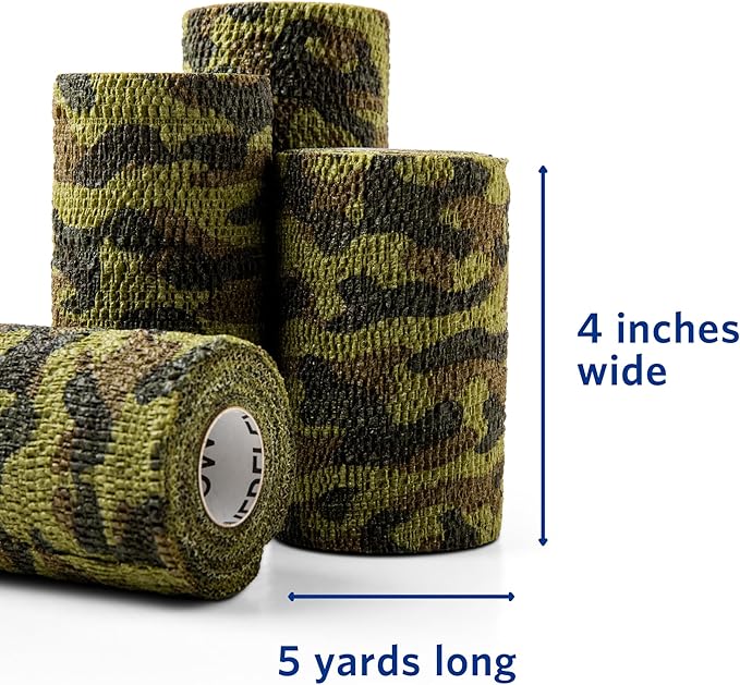 PowerFlex Equine – Extra Strong Self-Adhering Bandage Wrap – Wound Care, Compression & Support Bandage for Horses, Cows & Dogs – Woodland Camo, 4 inch, 4 Rolls (Resealable Case)