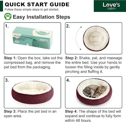 Love's cabin Round Donut Cat and Dog Cushion Bed, 20in Pet Bed for Cats or Small Dogs, Anti-Slip & Water-Resistant Bottom, Super Soft Durable Fabric Pet beds, Washable Luxury Bed Burgundy Stripe