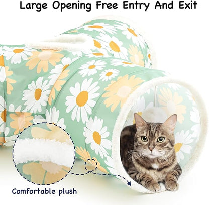 Tempcore Pet Cat Tunnel Tube Cat Toys 3 Way Collapsible, Cat Tunnels for Indoor Cats，Kitty Tunnel Bored Pet Toys Peek Hole Toy Ball Puppy, Kitty, Kitten, Rabbit Daisy Green Printed