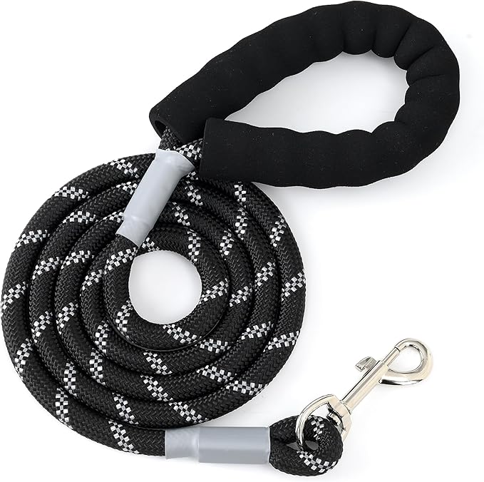 Mile High Life Reflective Dog Leash, with Comfortable Padded Handle, Black Nylon Rope Leash with Steel Tips, Heavy Duty 4 Feet Pet Leashes (Black,72 Inches)