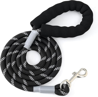 Mile High Life Reflective Dog Leash, with Comfortable Padded Handle, Black Nylon Rope Leash with Steel Tips, Heavy Duty 4 Feet Pet Leashes (Black,60 Inches)