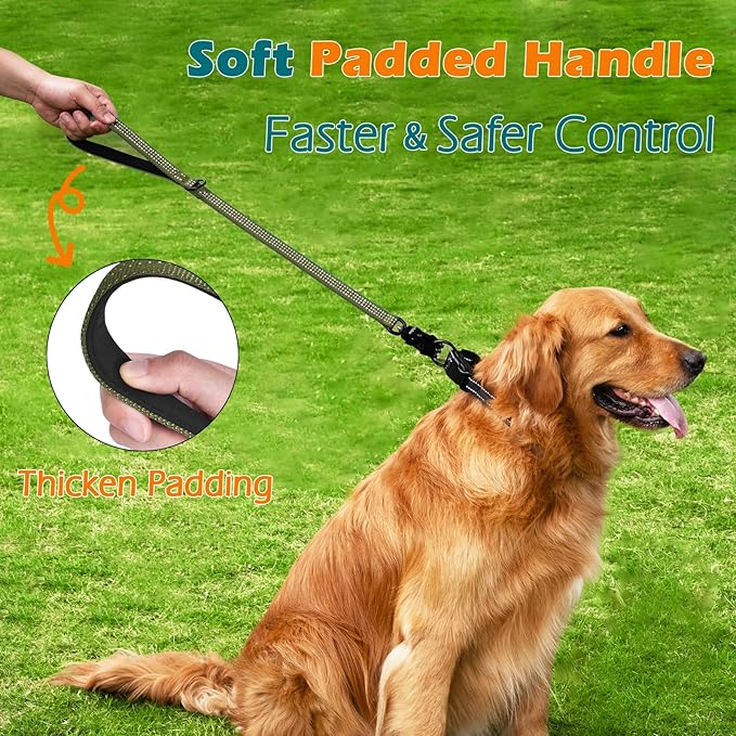 PetBonus Heavy Duty Short Dog Leash, 24 Inch Nylon Traffic Leash with Quick Release Clip, Comfortable Padded Handle, Reflective Training Lead for Medium Large Dogs (Army Green, 24")